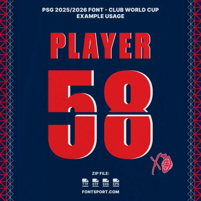 Paris Saint-Germain Club World Cup 2025/2026 Font Kit jersey mockup with bold red number 58, XO logo collab with The Weeknd, official PSG font for Club World Cup jersey, available in OTF, TTF, SVG, EPS formats.