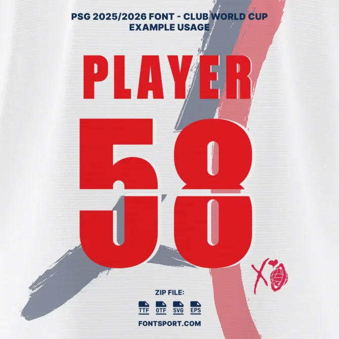PSG Club World Cup 2025/2026 Font Kit white jersey design showcasing red number 58, XO logo collaboration detail, official font for Paris Saint-Germain Club World Cup jersey, perfect font for football jersey and merchandise design.