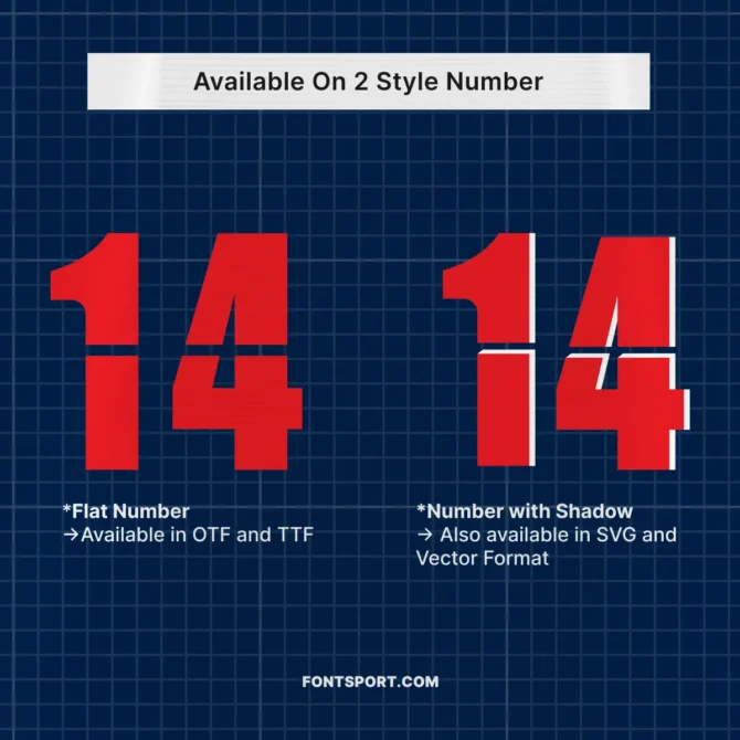 Paris Saint-Germain Club World Cup 2025/2026 font number styles comparison, flat number and shadowed number in red, font kit includes OTF, TTF, SVG, Vector for jersey, poster, and merchandise design.