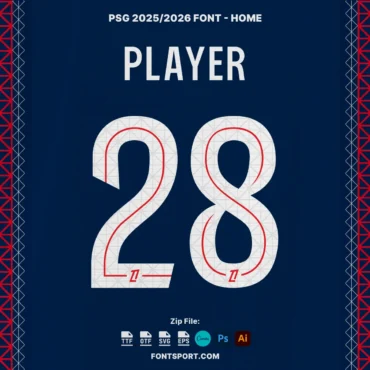 PSG 2025/2026 Font Kit displayed on navy blue home jersey with number 28, showcasing red-outline number style with pattern and ligue logo embedded in typeface