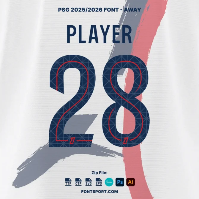 Paris Saint-Germain Font Kit 2025/2026 applied on away jersey design, navy blue number 28 with pattern and outline, great for mockups and fan art templates