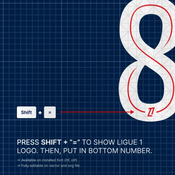 Step-by-step on inserting Ligue 1 official logo in PSG Font Kit 2025/2026 using Shift + = shortcut, logo included in installed font and editable SVG vector