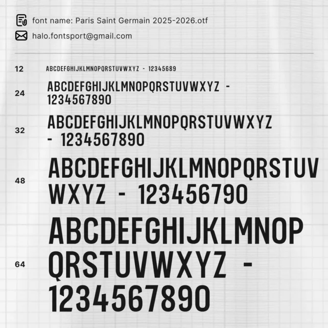 PSG Font Kit 2025/2026 full alphabet and numeric preview in different sizes and weights from 12pt to 64pt – ideal for jersey number layout and creative projects