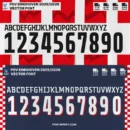 Preview of PSV Eindhoven 2025/2026 Font Kit showing two styles – flat and shadowed numbers with uppercase alphabet. Includes OTF, TTF, SVG, EPS formats for use in Eredivisie jersey design.