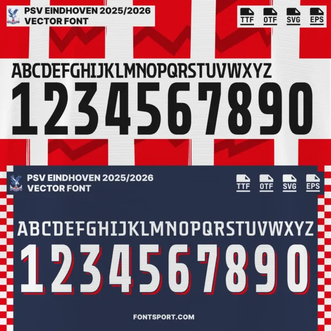 Preview of PSV Eindhoven 2025/2026 Font Kit showing two styles – flat and shadowed numbers with uppercase alphabet. Includes OTF, TTF, SVG, EPS formats for use in Eredivisie jersey design.