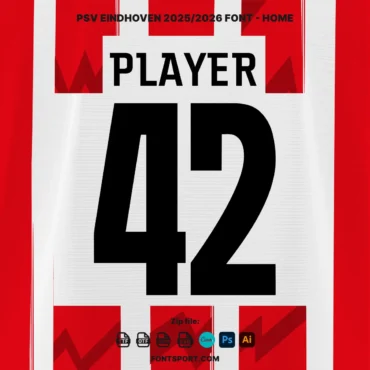 PSV Eindhoven 2025/2026 Home Jersey Font – bold black number "42" mockup on red and white background. Suitable for custom football apparel and fan-made projects.