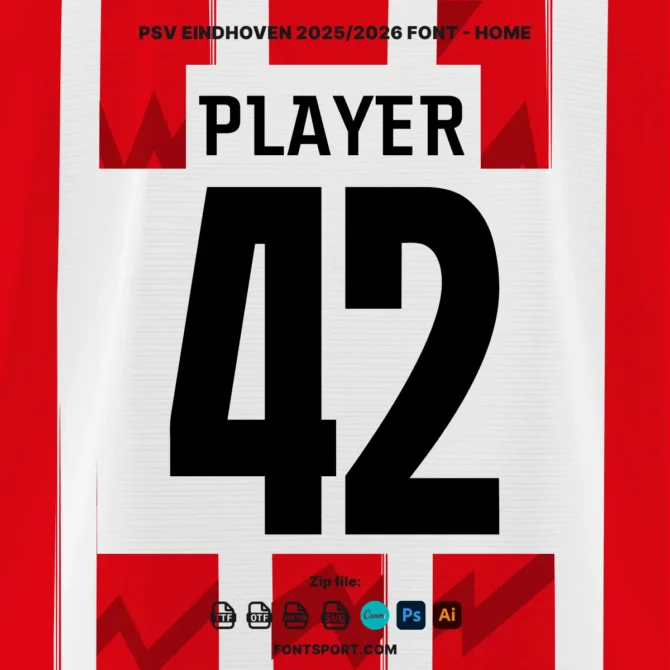 PSV Eindhoven 2025/2026 Home Jersey Font – bold black number "42" mockup on red and white background. Suitable for custom football apparel and fan-made projects.
