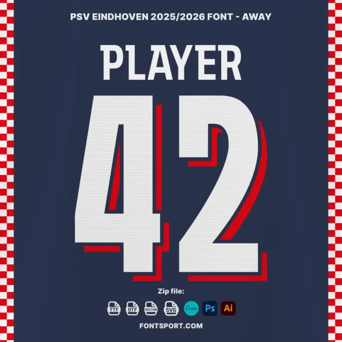 PSV Eindhoven 2025/2026 Away Jersey Font with red-outlined white number "42" on navy background. Includes editable files in OTF, TTF, SVG, EPS, ideal for fan merchandise.