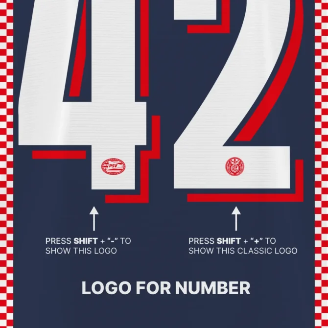 Built-in PSV Eindhoven logos for jersey numbers – classic and modern versions. Press Shift and symbol keys to reveal logo glyphs directly from the font.