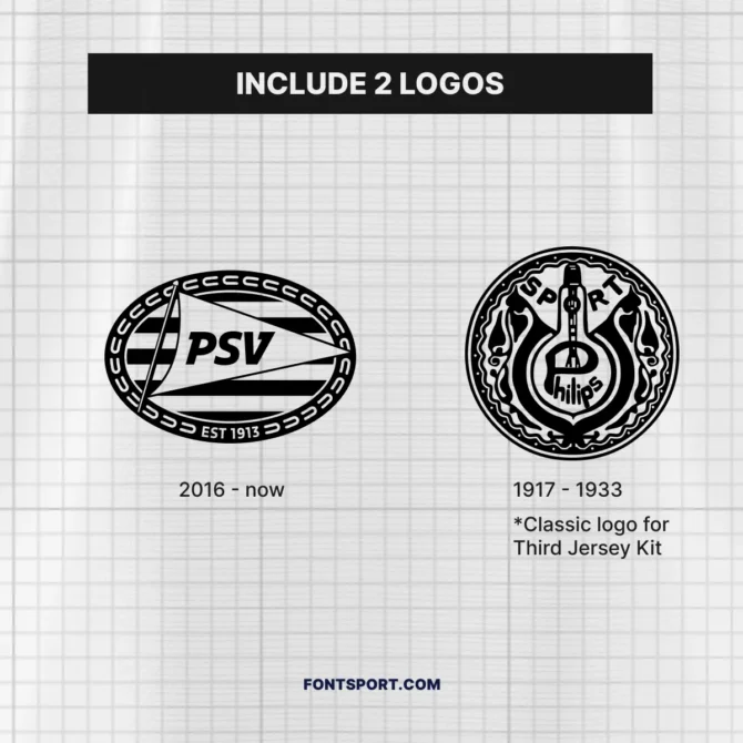 PSV Eindhoven Font Kit logos – modern crest (2016–now) and classic badge (1917–1933). Both versions embedded for flexible design on jerseys and fan gear.