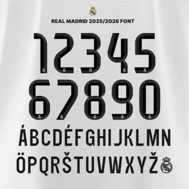 Real Madrid Font Kit 2025/2026 – overview of full character set A–Z and 0–9 with embedded official crest on each number