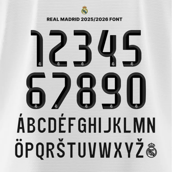 Real Madrid Font Kit 2025/2026 – overview of full character set A–Z and 0–9 with embedded official crest on each number