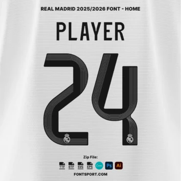 Real Madrid 2025/2026 jersey font home version in black with detailed line pattern and club logo on bottom of each number