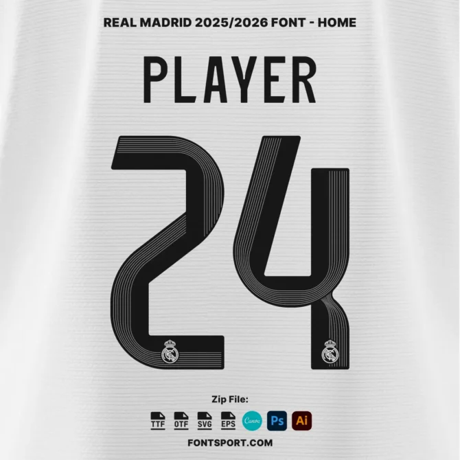 Real Madrid 2025/2026 jersey font home version in black with detailed line pattern and club logo on bottom of each number