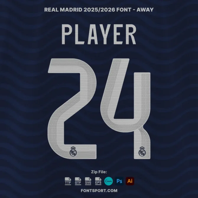 Real Madrid 2025/2026 away jersey font in light gray on dark blue background, featuring elegant thin-line pattern and club crest