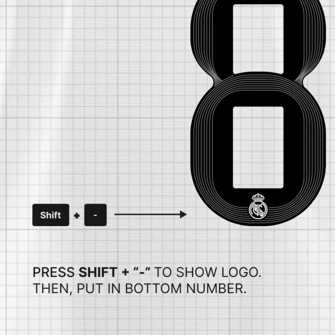 How to display Real Madrid logo on number using Shift + "-" key in 2025/2026 font kit for home and away jersey