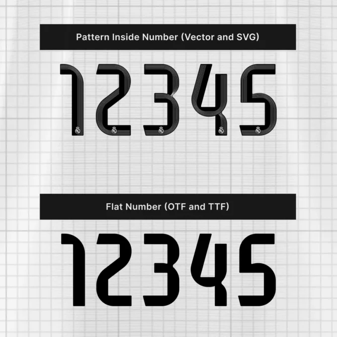 Comparison of Real Madrid 2025/2026 number styles: vector pattern version vs. flat OTF/TTF version