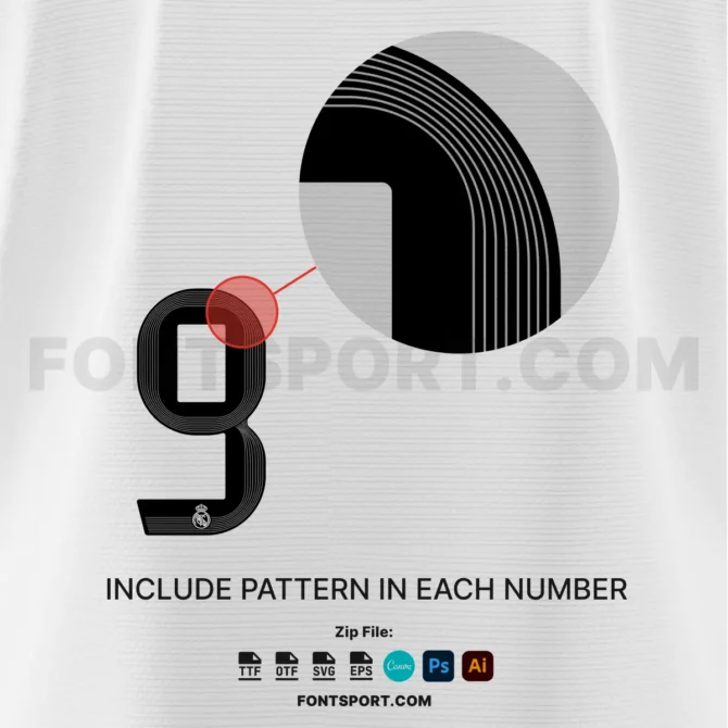 Example design detaill pattern on number 9 Real Madrid font 2025/2026. Text tittle: "Include pattern in each number"