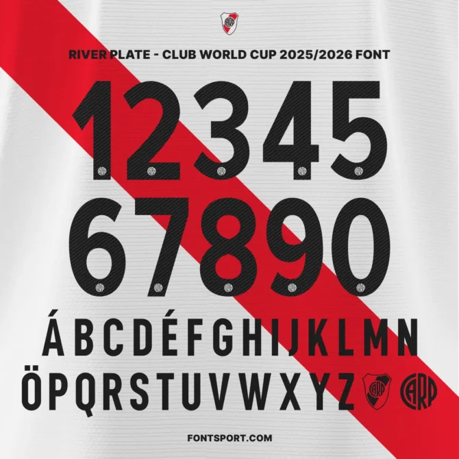 River Plate 2025/2026 Font Kit preview – full uppercase alphabet and number set used in FIFA Club World Cup jersey design.