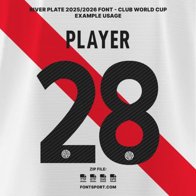 Example usage of River Plate 2025/2026 Font Kit on home jersey – player name and number 28 with club glyph included.