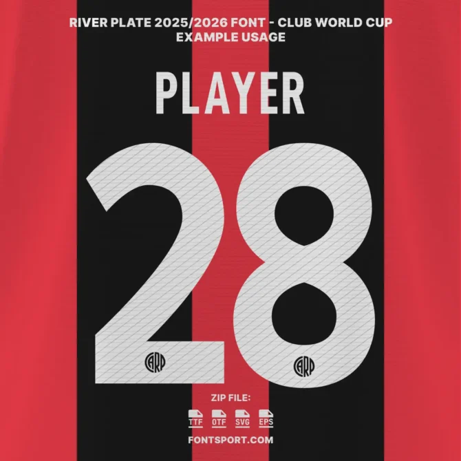 River Plate 2025/2026 Font sample on black-red kit – white number with line pattern for FIFA Club World Cup.