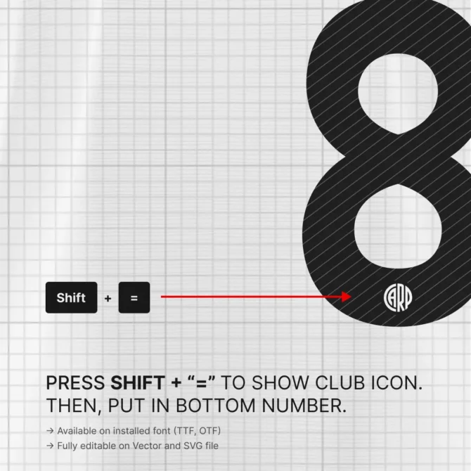 How to activate River Plate icon in font – press Shift + Equal key to add club monogram logo to jersey numbers.