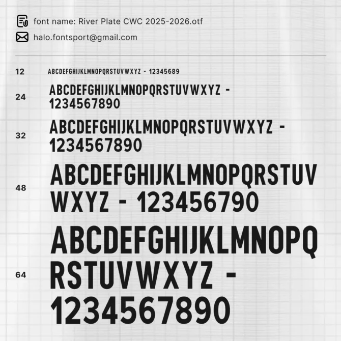 Official River Plate 2025/2026 jersey font design – number and alphabet set with club icon, used for Club World Cup.