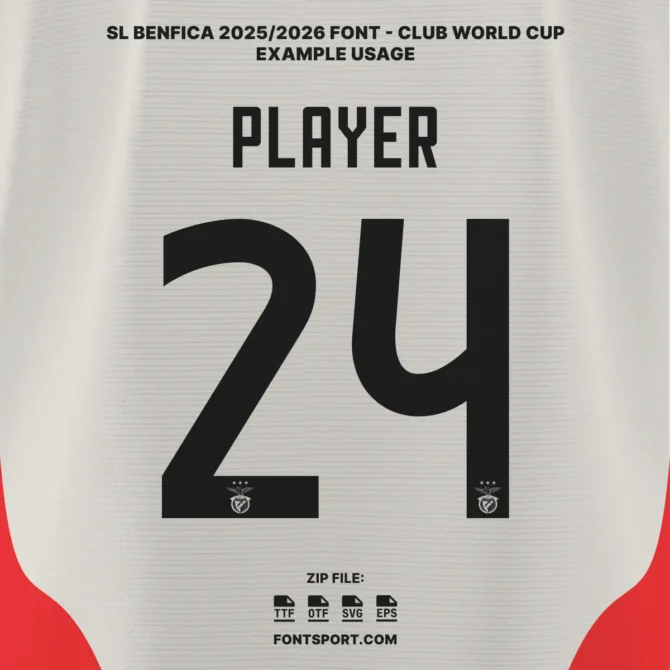SL Benfica 2025/2026 Font Kit example – jersey number design with player name for Club World Cup using official Benfica typeface.