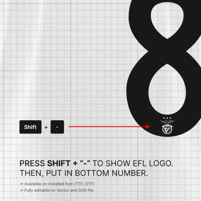 How to activate SL Benfica logo in 2025/2026 Font Kit – press Shift and Minus key to add bottom number badge for jersey designs.