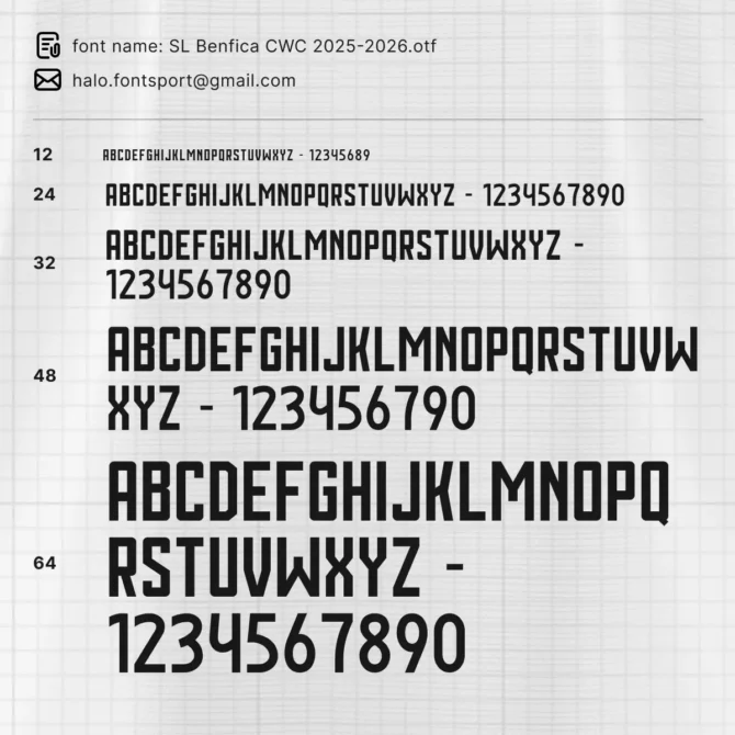 SL Benfica 2025/2026 Font character and number scale preview – official typeface used in Liga Portugal and Club World Cup.