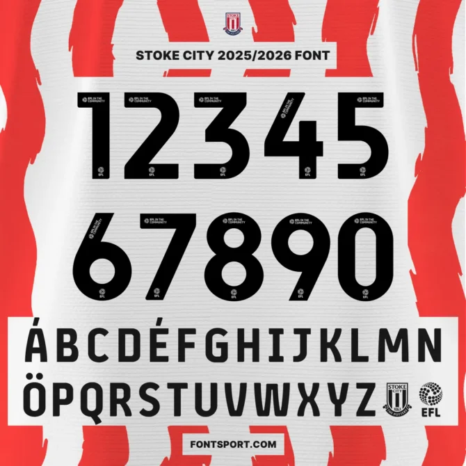 Stoke City 2025/2026 Font Kit – Official typeface featuring full alphabet, accented letters, and numbers used in EFL Championship, available in TTF, OTF, SVG formats.