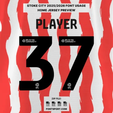 Stoke City 2025/2026 Home Jersey Font Usage Preview – Number 37 in official font style with EFL branding, red and white kit background