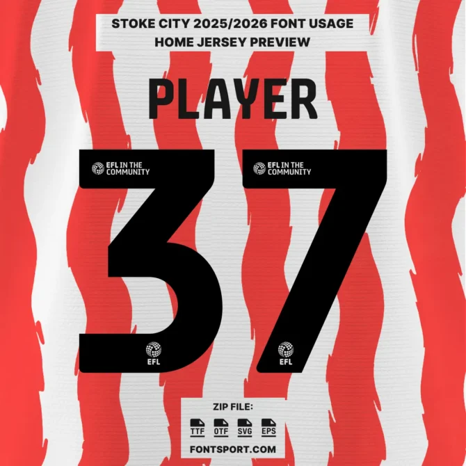 Stoke City 2025/2026 Home Jersey Font Usage Preview – Number 37 in official font style with EFL branding, red and white kit background