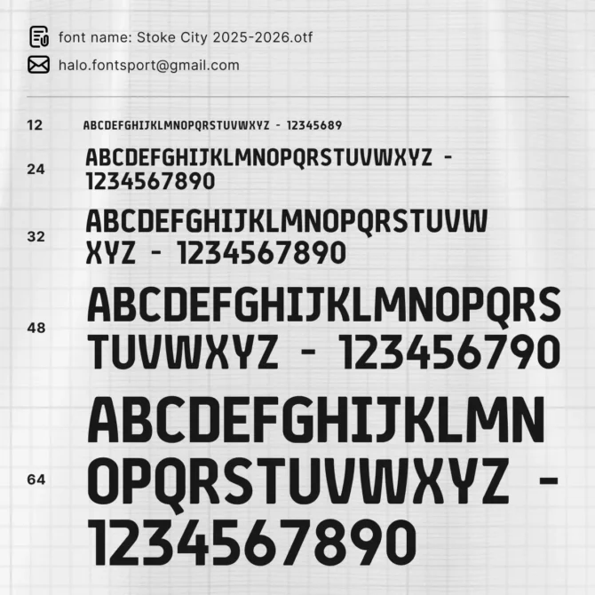 Stoke City 2025/2026 Official Typeface – Display of font styles in various sizes with full uppercase alphabet and numbers