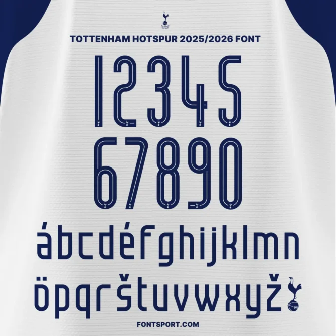 Tottenham Hotspur 2025/2026 Font Kit Official Club – Alphabet and number showcase for Premier League jersey and merchandise use.