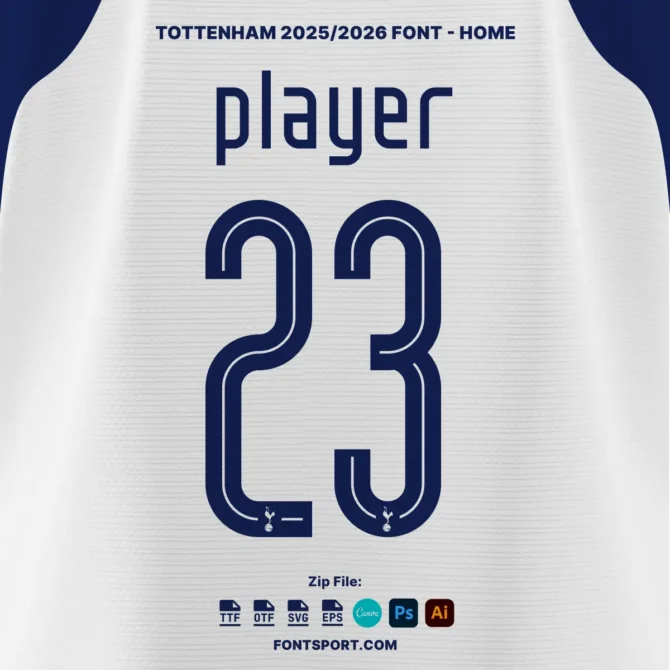 Tottenham Hotspur 2025/2026 Home Jersey Font – Custom player number font with Spurs logo in OTF, TTF, SVG, and vector format.