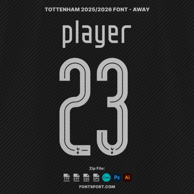 Tottenham Hotspur 2025/2026 Away Jersey Font – Editable number font featuring Spurs emblem for Premier League fan merchandise.