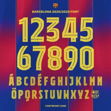 Barcelona 2025/2026 Full Font Kit Preview – Official Typeface with Numbers 0–9 and Multilingual Uppercase A–Z for Fans and Designers.