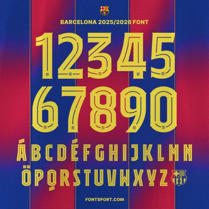 Barcelona 2025/2026 Full Font Kit Preview – Official Typeface with Numbers 0–9 and Multilingual Uppercase A–Z for Fans and Designers.