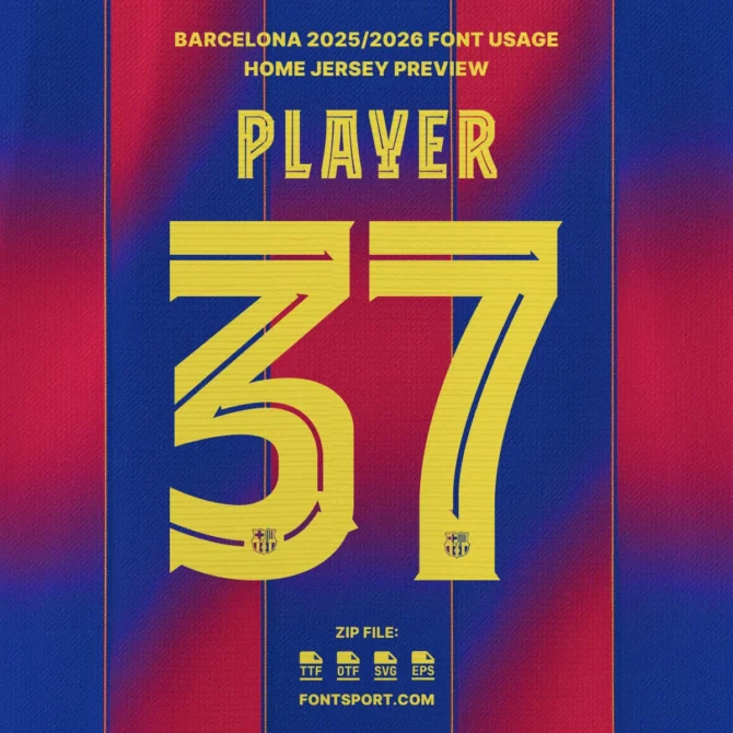 Barcelona 2025/2026 Home Jersey Font Preview – Official La Liga Font with Bold Yellow Typeface and Number 37 Featuring Club Logo.