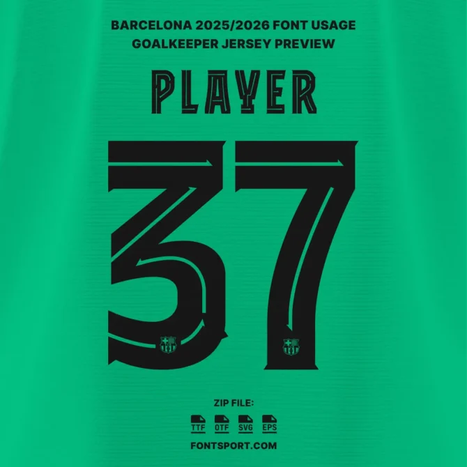 Barcelona 2025/2026 Goalkeeper Font Design – Authentic Font For Jersey with Number 37 in Black Style on Green Background.