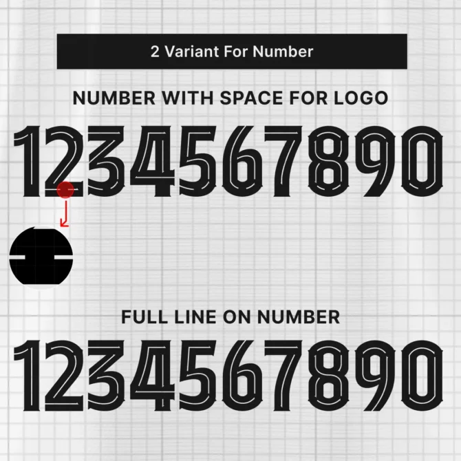 Barcelona 2025/2026 Font Variants – Two Number Styles for Jersey Font with and without Club Logo Space.