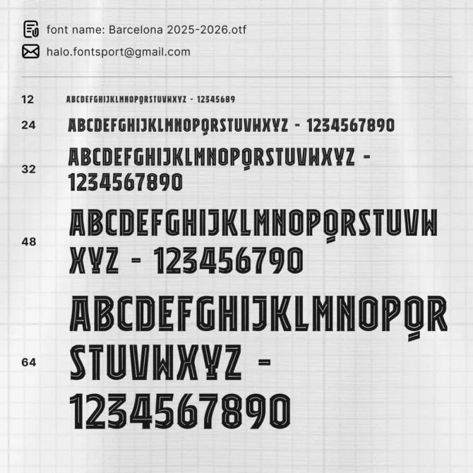 Barcelona 2025/2026 Font Specimen Preview – Full Alphabet and Number Chart in La Liga Jersey Typeface.