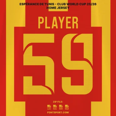 Espérance de Tunis Club World Cup 2025 Font Preview – Official Tunisian Professional League 1 Font with Bold Yellow Typeface and Number 58 with background jersey home color