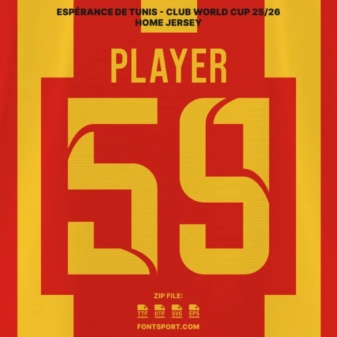 Espérance de Tunis Club World Cup 2025 Font Preview – Official Tunisian Professional League 1 Font with Bold Yellow Typeface and Number 58 with background jersey home color