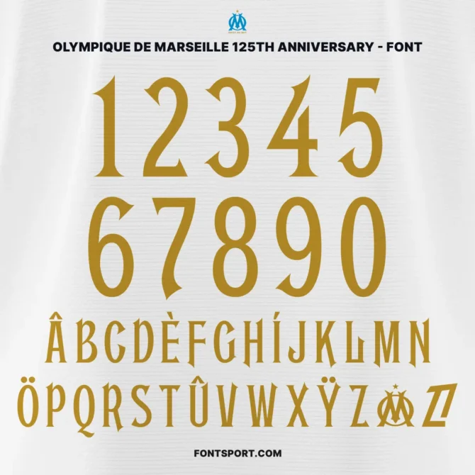 Olympique de Marseille 125th Anniversary Font – Complete uppercase A-Z and numbers 0-9 in gold style for jersey and football merchandise design