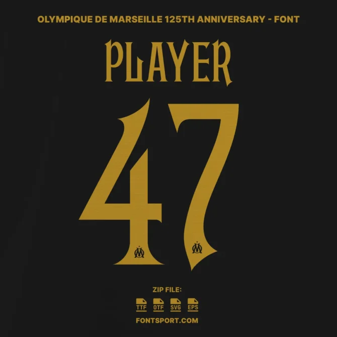 Olympique de Marseille Font in dark mode – 125th Anniversary design for jersey numbers with OM logo using golden font for high contrast football apparel