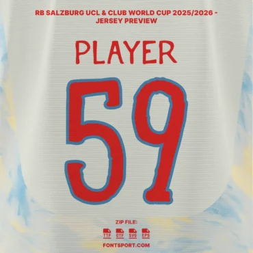 RB Salzburg Club World Cup 2025 Font Preview – Official Austrian Bundesliga Font with Bold Red Typeface and Number 59 Featuring Club Logo.