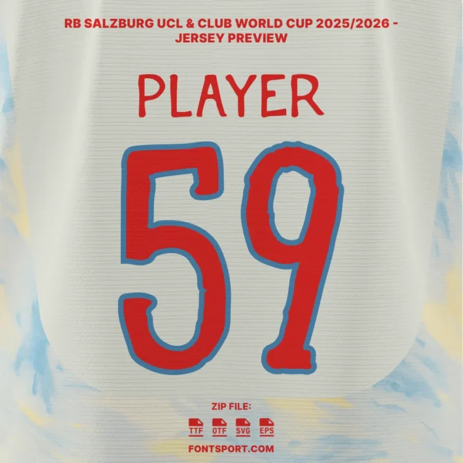 RB Salzburg Club World Cup 2025 Font Preview – Official Austrian Bundesliga Font with Bold Red Typeface and Number 59 Featuring Club Logo.