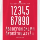 Complete Ajax Font character set with numbers, multilingual letters, and embedded anniversary logo – ideal for merchandise